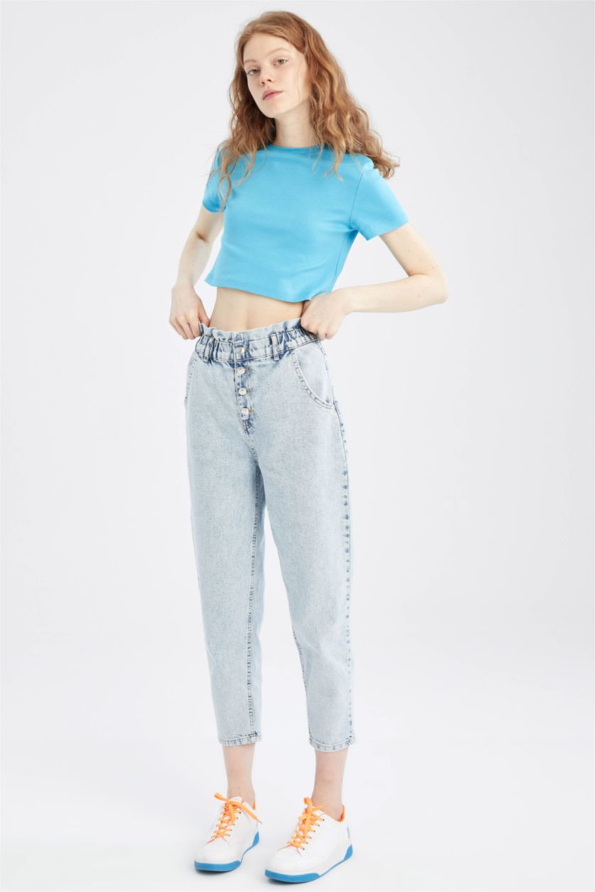 WOMAN Light Blue High Waist Paperbag Fit Trousers