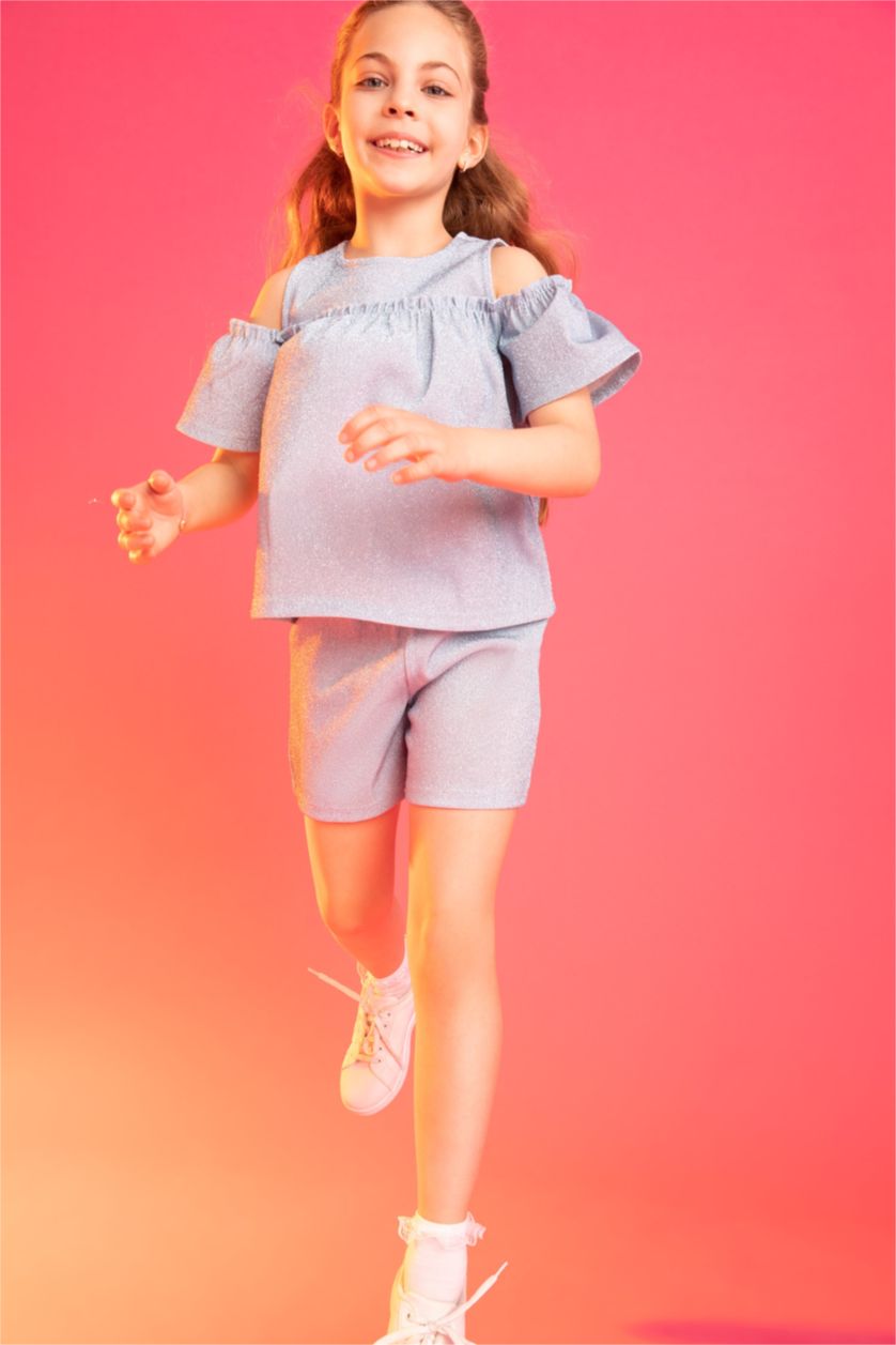 بنات أكوا فاتح طقم شورت بناتي و تي شيرت بياقة دائرية وأكمام قصيرة