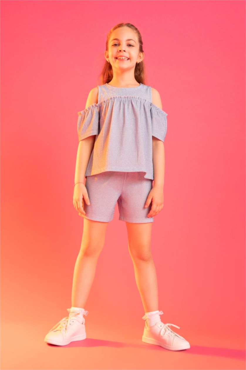 بنات أكوا فاتح طقم شورت بناتي و تي شيرت بياقة دائرية وأكمام قصيرة