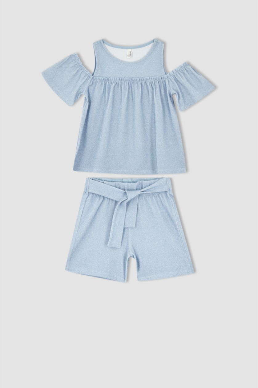 بنات أكوا فاتح طقم شورت بناتي و تي شيرت بياقة دائرية وأكمام قصيرة