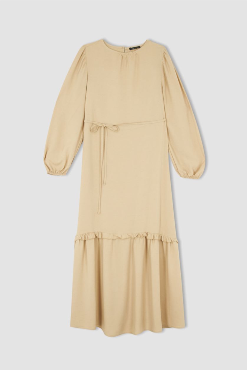 FEMME Beige Robe longue en viscose à manches bouffantes et à encolure ras du cou décontractée