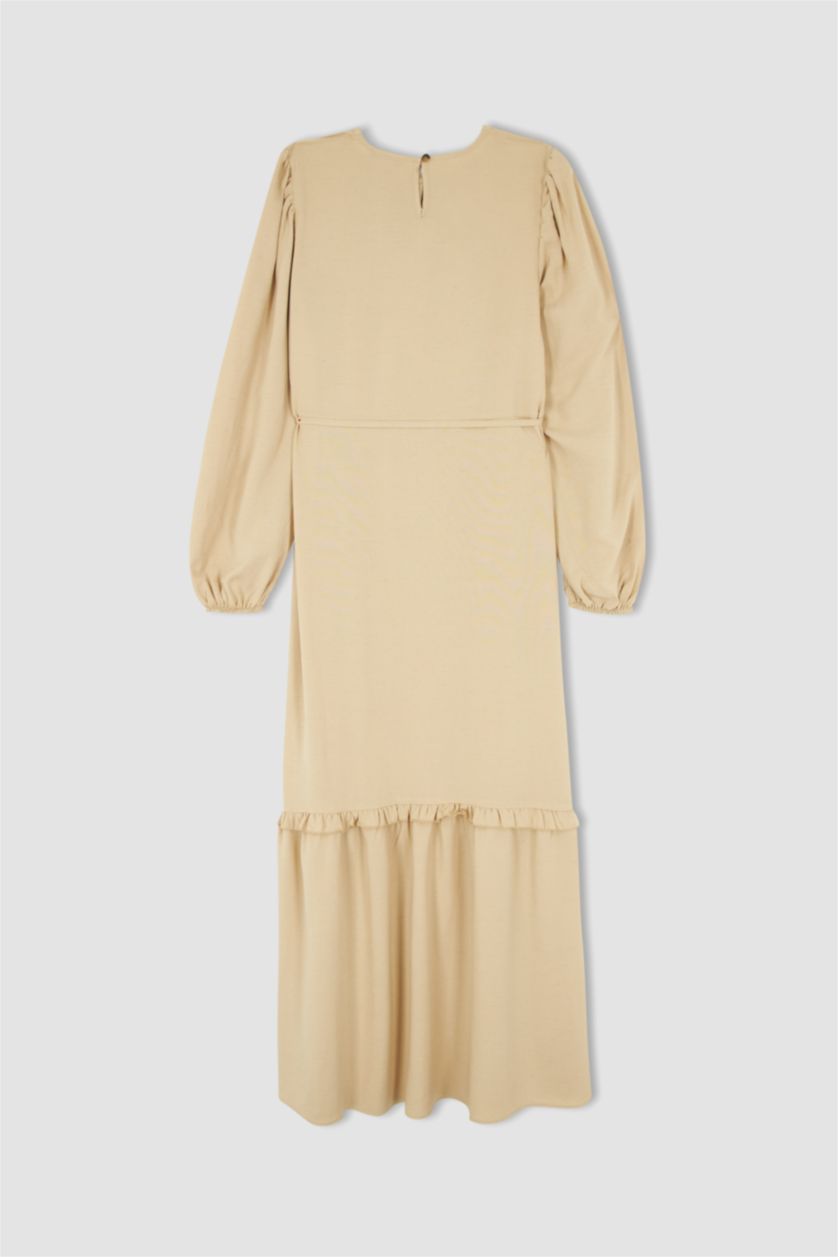 FEMME Beige Robe longue en viscose à manches bouffantes et à encolure ras du cou décontractée
