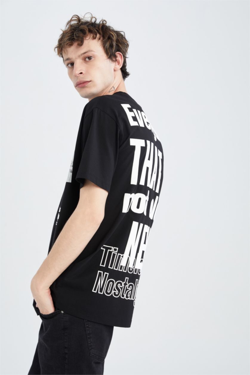 رجال أسود تي شيرت مطبوع أوفر سايز بياقة مستديرة