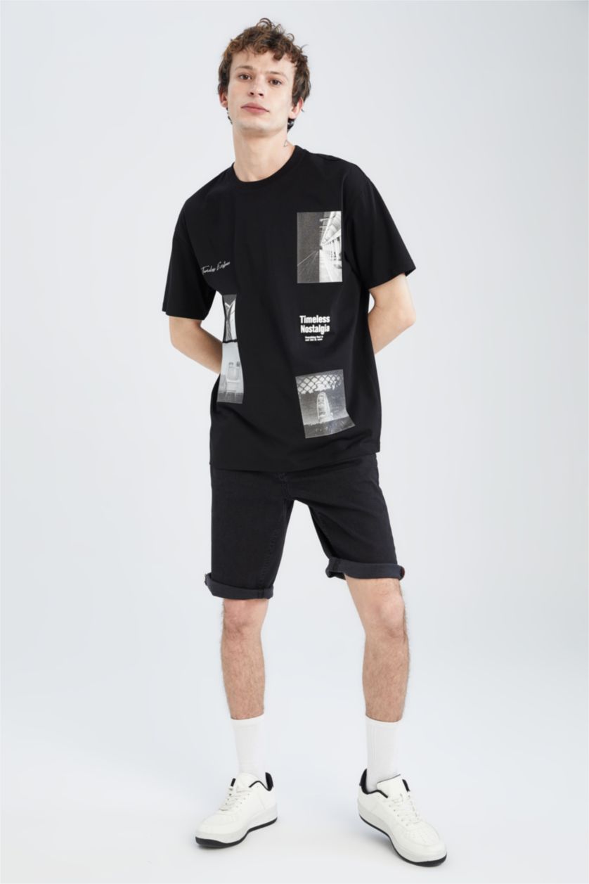 رجال أسود تي شيرت مطبوع أوفر سايز بياقة مستديرة