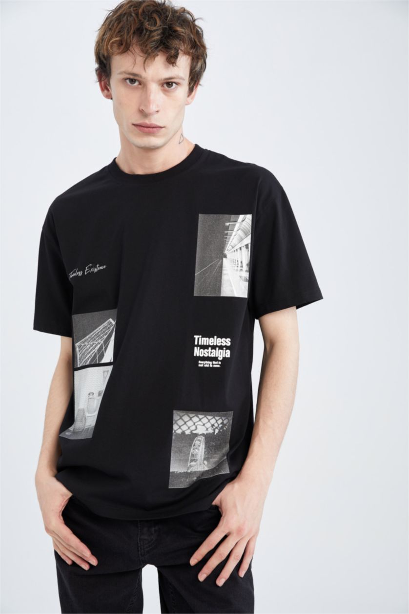 رجال أسود تي شيرت مطبوع أوفر سايز بياقة مستديرة