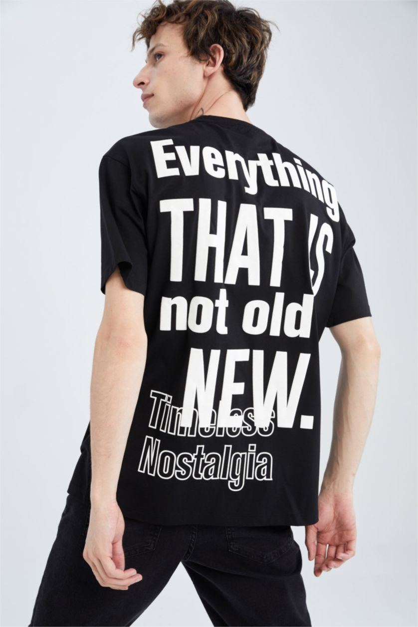 رجال أسود تي شيرت مطبوع أوفر سايز بياقة مستديرة