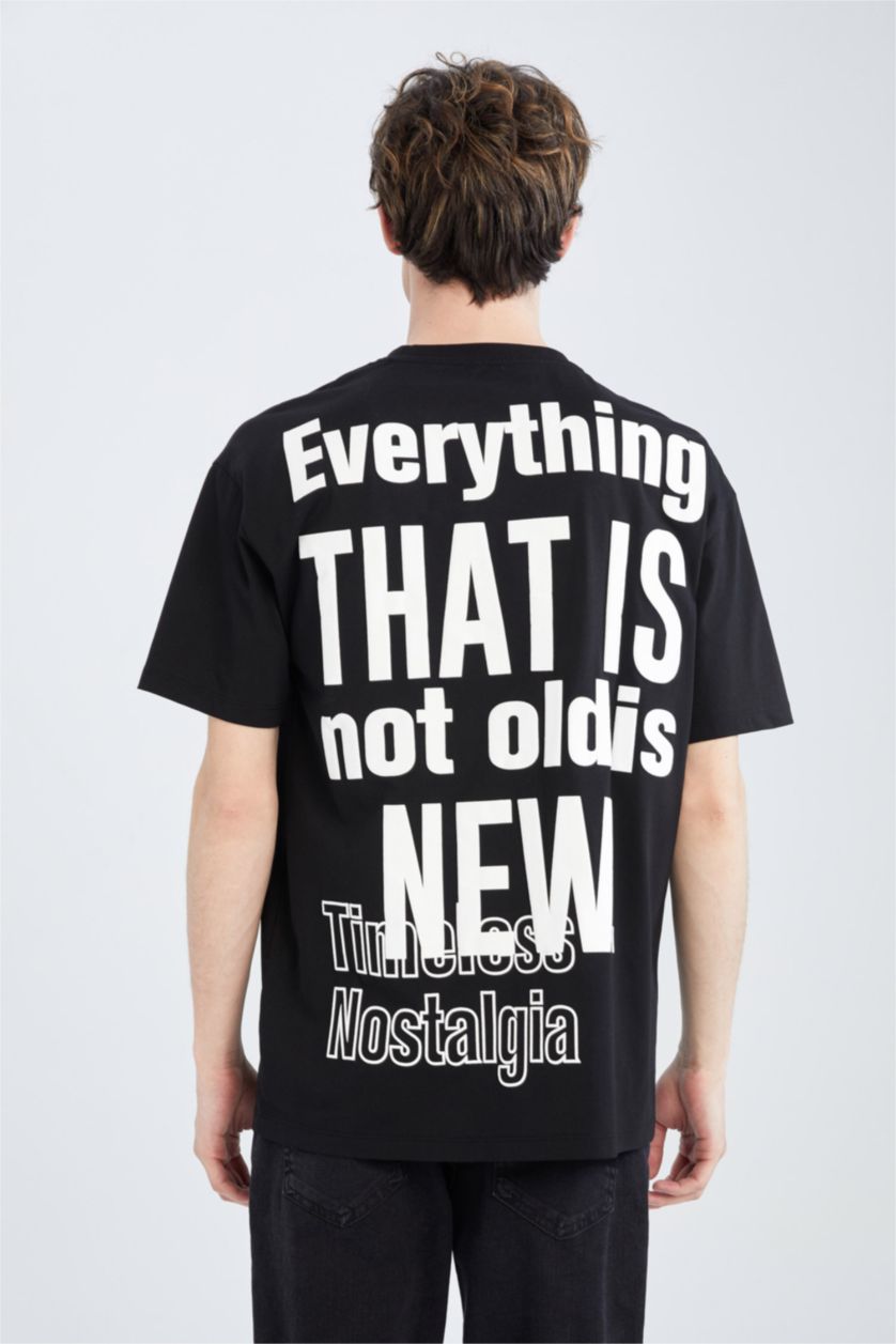 رجال أسود تي شيرت مطبوع أوفر سايز بياقة مستديرة