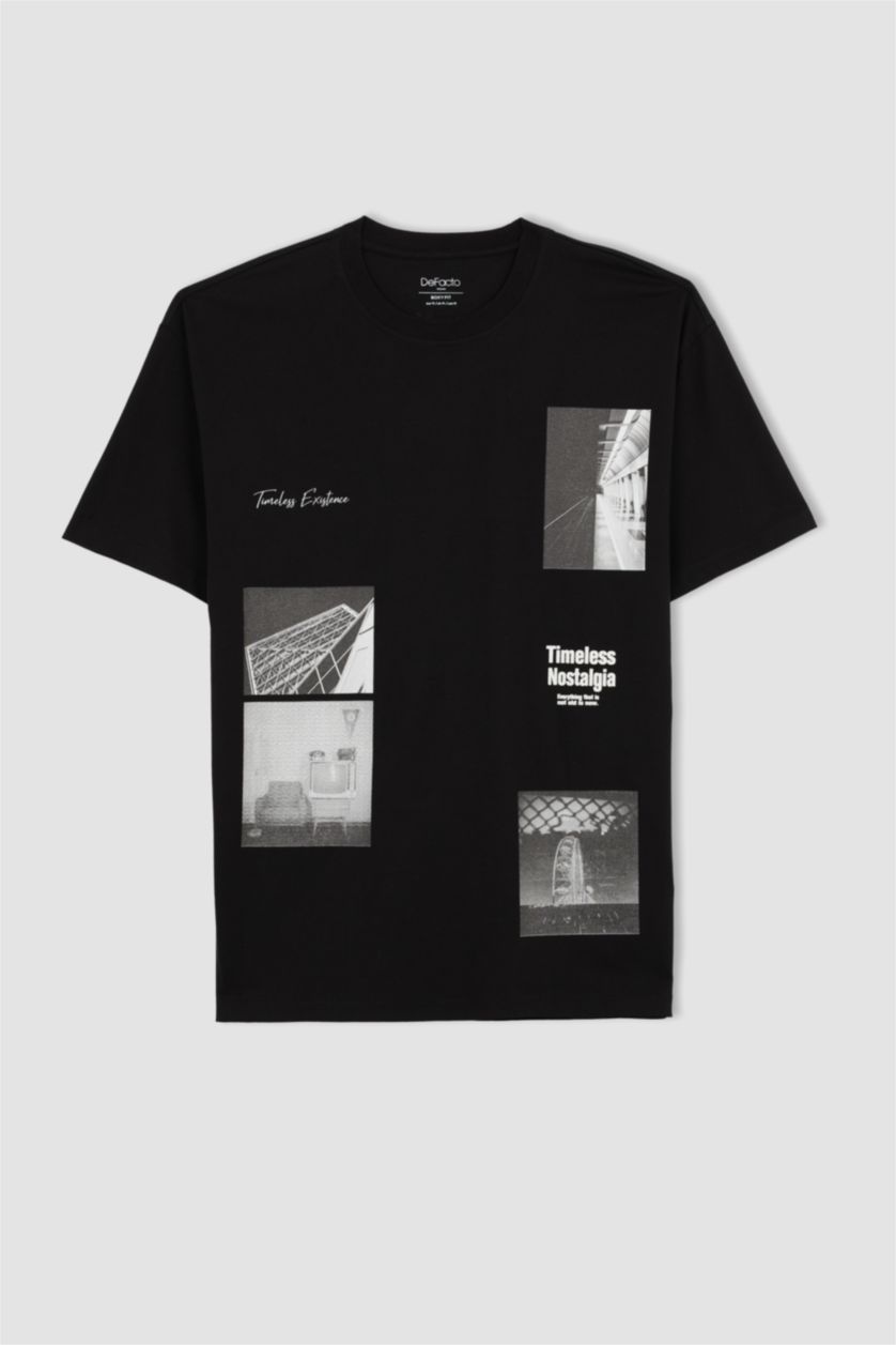 رجال أسود تي شيرت مطبوع أوفر سايز بياقة مستديرة