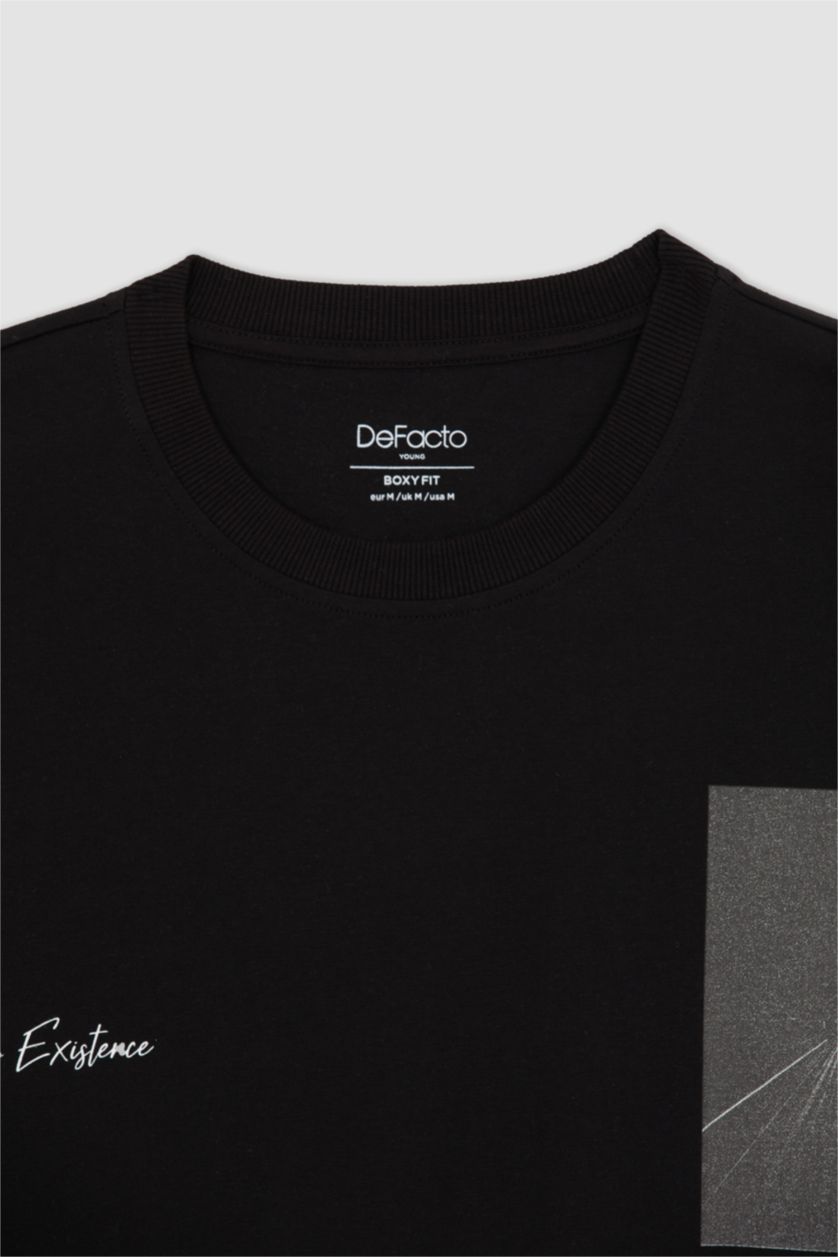 رجال أسود تي شيرت مطبوع أوفر سايز بياقة مستديرة