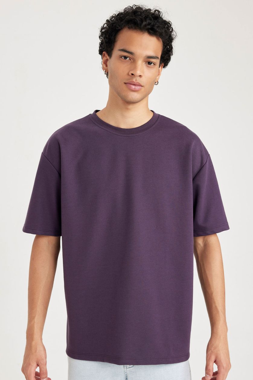 رجال بنفسجي تيشيرت اوفر سايز سادة برقبة مستديرة