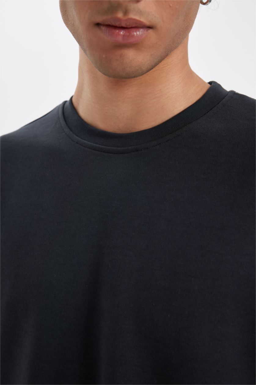 Erkek Antrasit Oversize Geniş Kalıp Bisiklet Yaka Kısa Kollu Basic Düz Ağır Kumaş Tişört