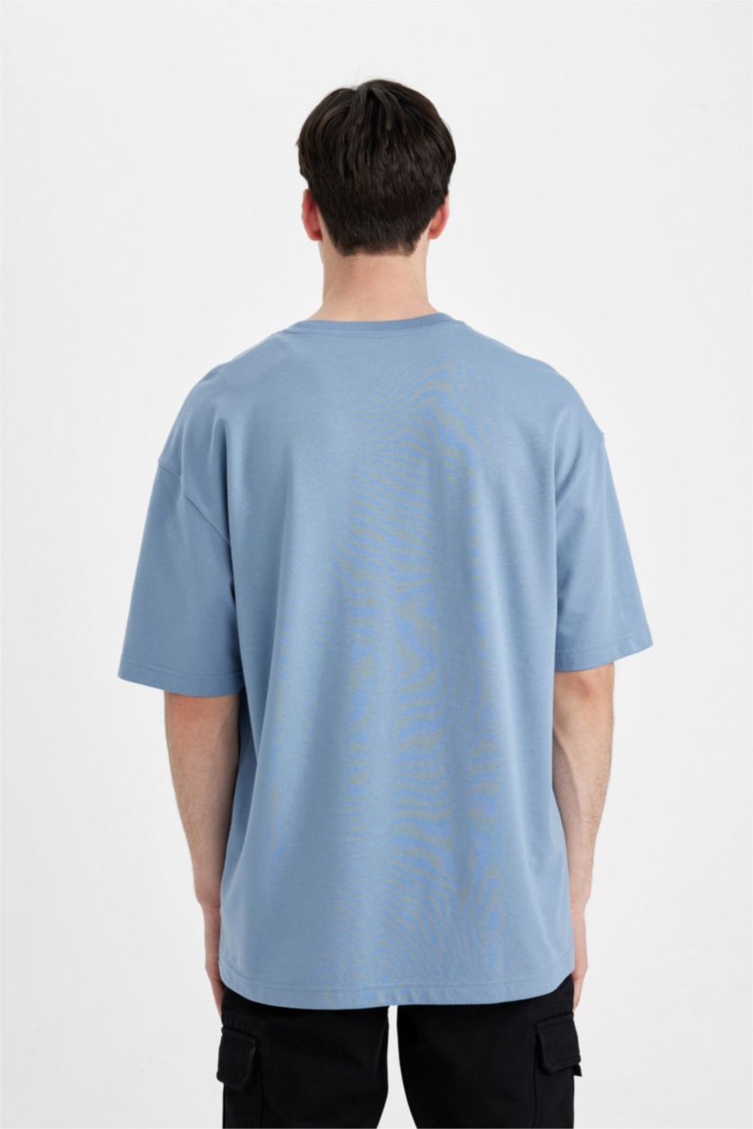 رجال أزرق تي شيرت نص كم محبوك اوفر سايز بياقة مستديرة