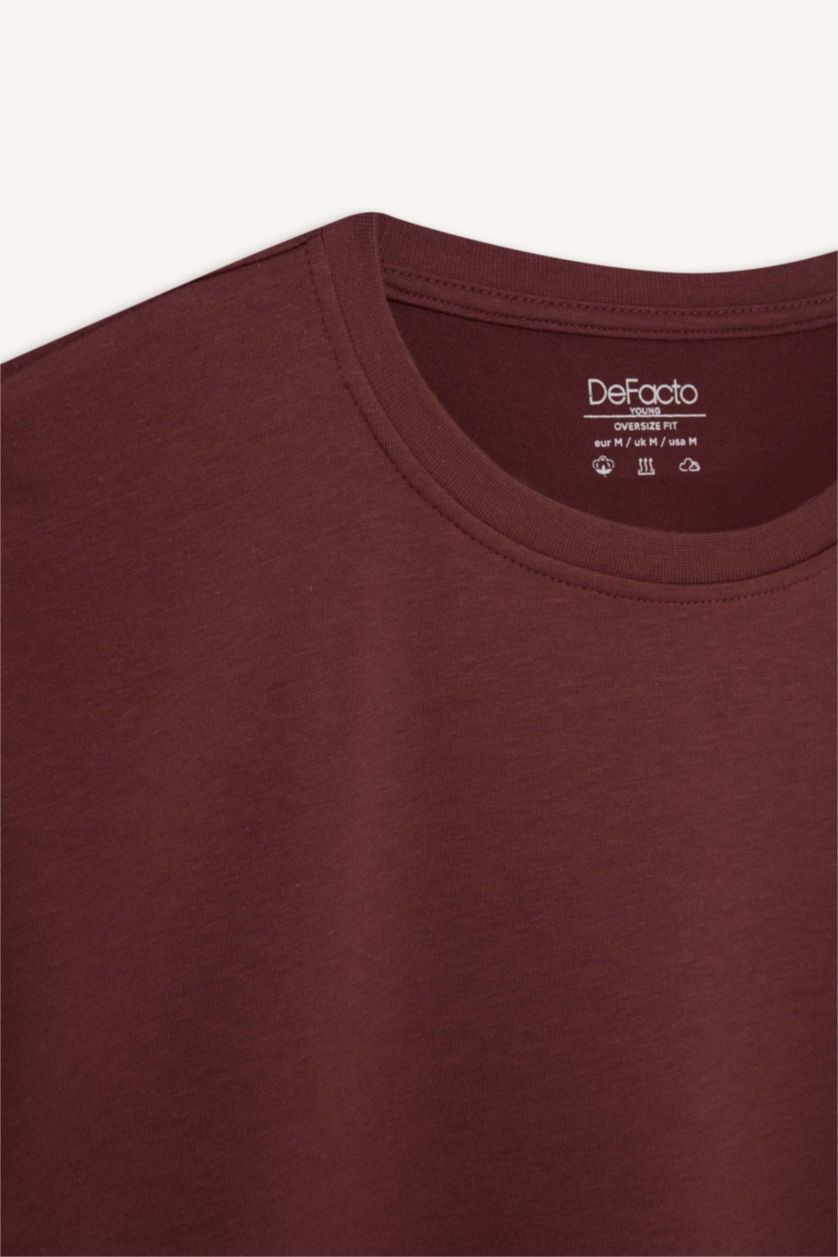 Erkek Açık Kahve Oversize Geniş Kalıp Bisiklet Yaka Kısa Kollu Basic Düz Ağır Kumaş Tişört