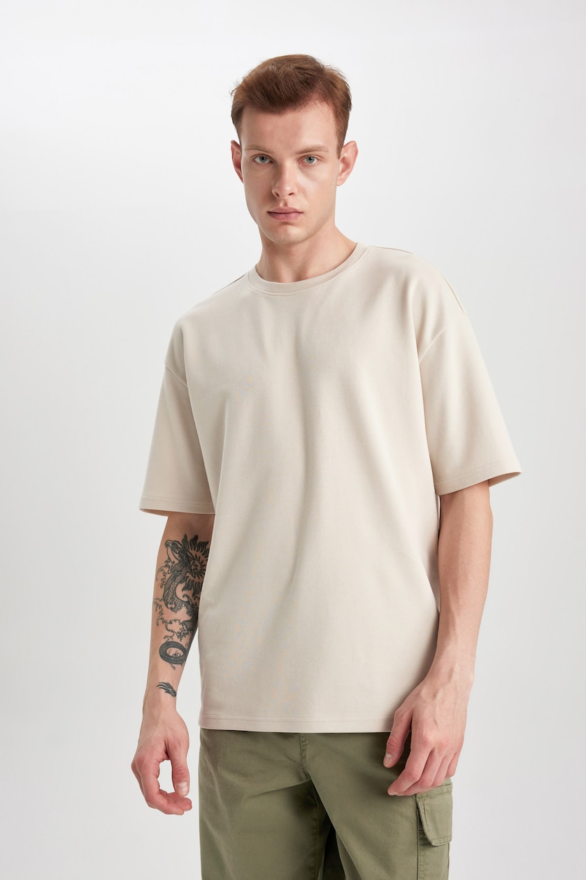 Erkek Kum Kırışmaz Oversize Pamuklu Tişört