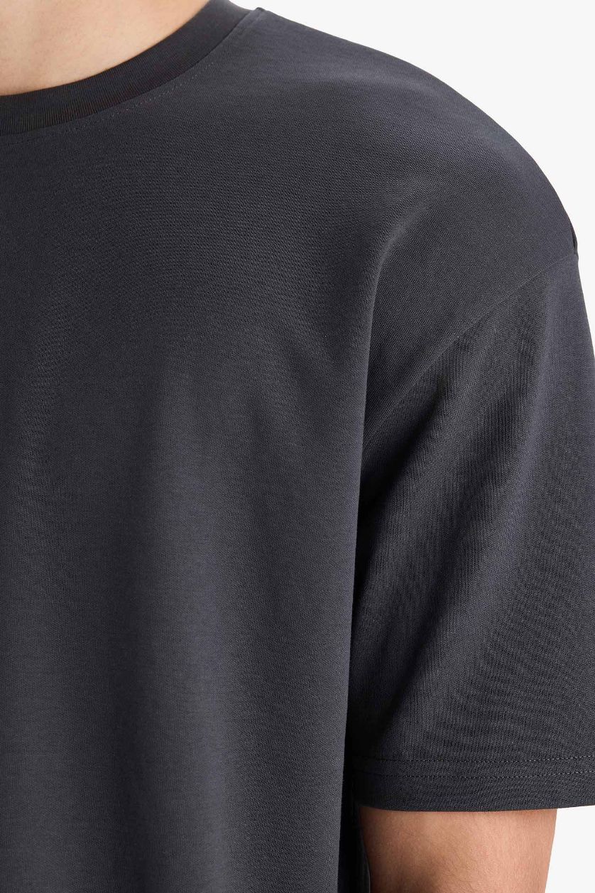 رجالي أنثرا تيشيرت بيزك سادة نص كم اوفر سايز برقبة مستديرة