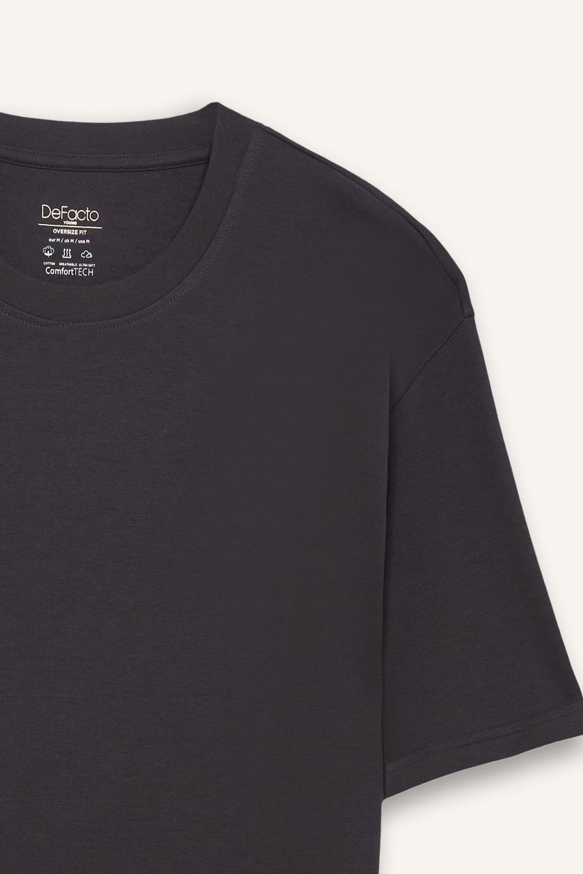 رجالي أنثرا تيشيرت بيزك سادة نص كم اوفر سايز برقبة مستديرة