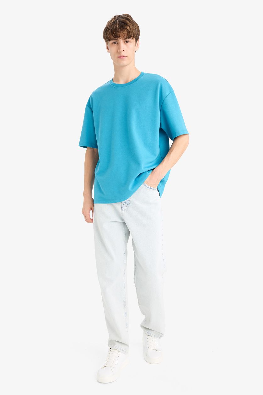 HOMME Bleu T-shirt oversize basique à col rond coupe et manches courtes