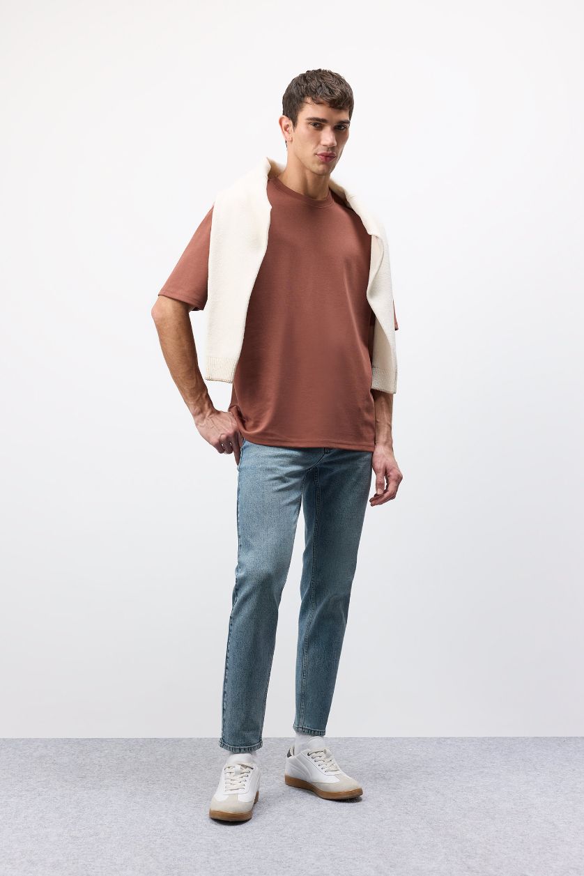 Erkek Kahve Nefes Alabilen Oversize Tişört