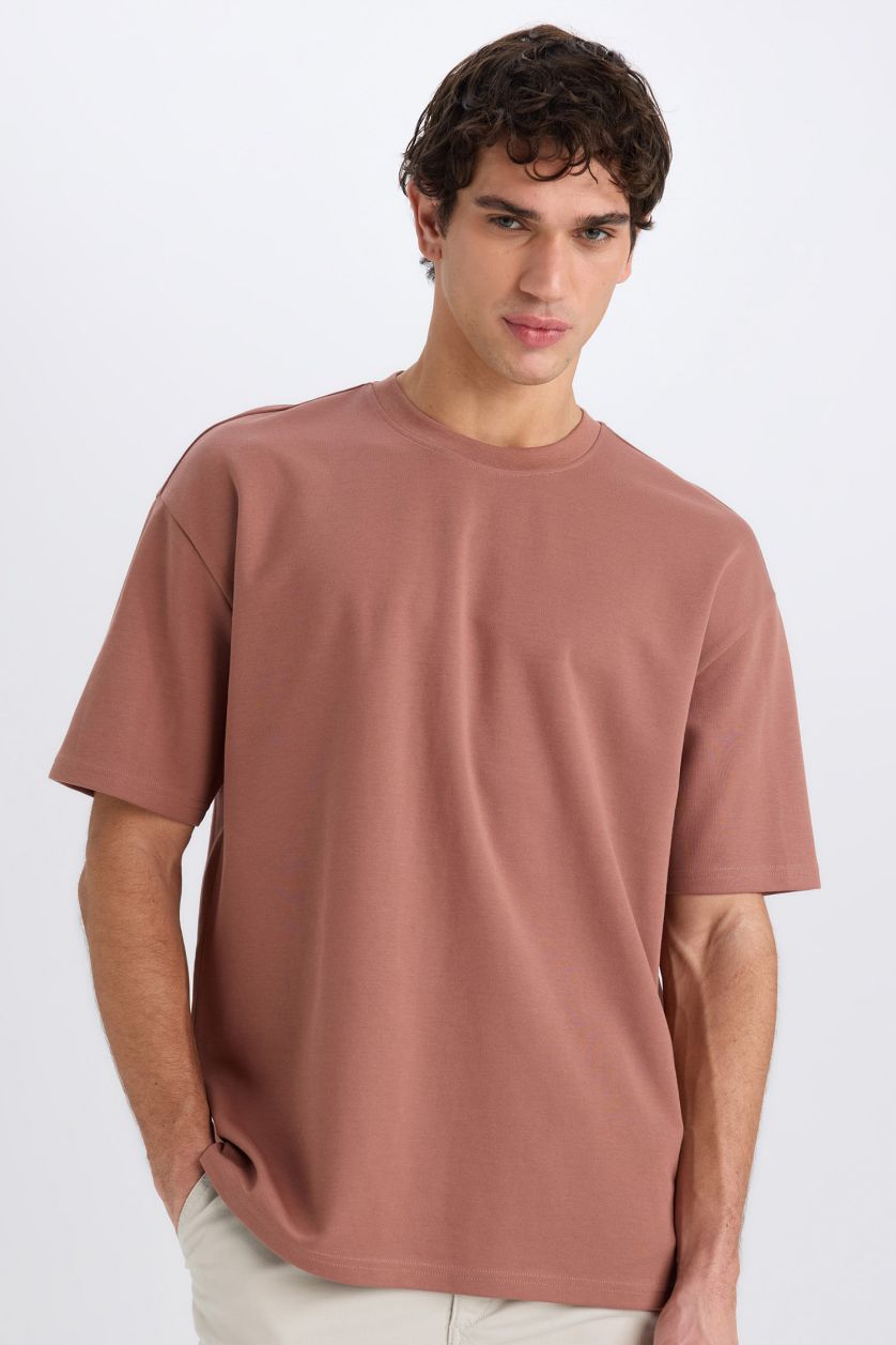 MAN Light Brown Oversize Crew Neck Basic Heavy Fabric T-Shirt