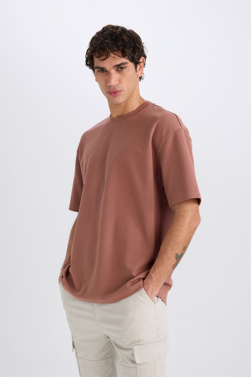 MAN Light Brown Oversize Crew Neck Basic Heavy Fabric T-Shirt
