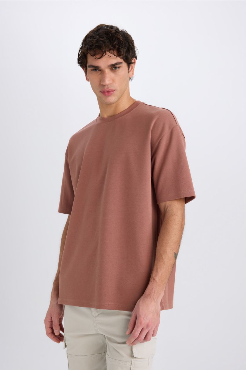 MAN Light Brown Oversize Crew Neck Basic Heavy Fabric T-Shirt