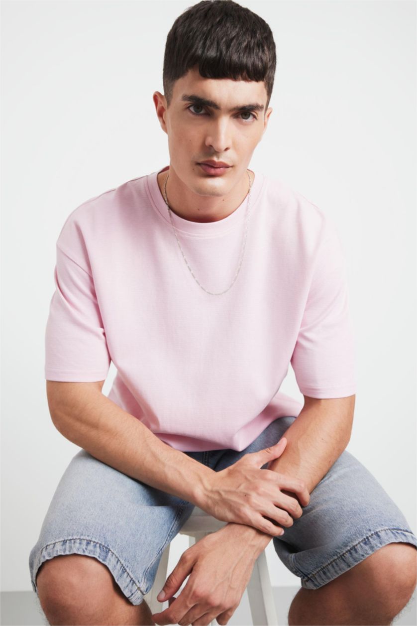 Man Lilac Oversize Fit Non-Ironing Basic Heavy Fabric T-Shirt