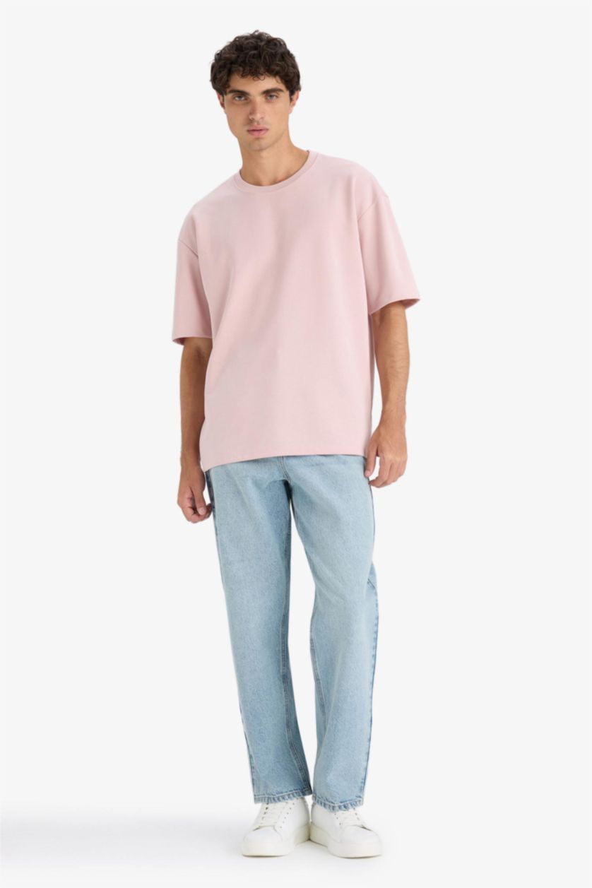 Man Lilac Oversize Fit Non-Ironing Basic Heavy Fabric T-Shirt