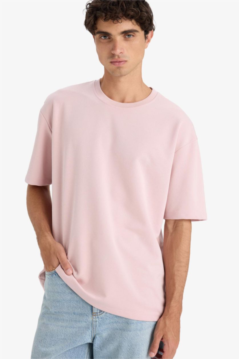 Man Lilac Oversize Fit Non-Ironing Basic Heavy Fabric T-Shirt