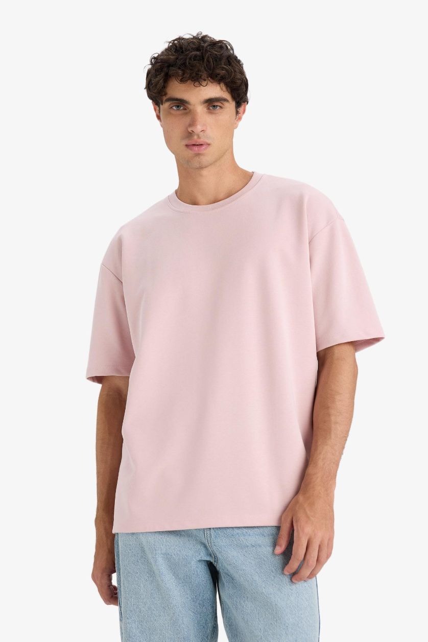 Man Lilac Oversize Fit Non-Ironing Basic Heavy Fabric T-Shirt