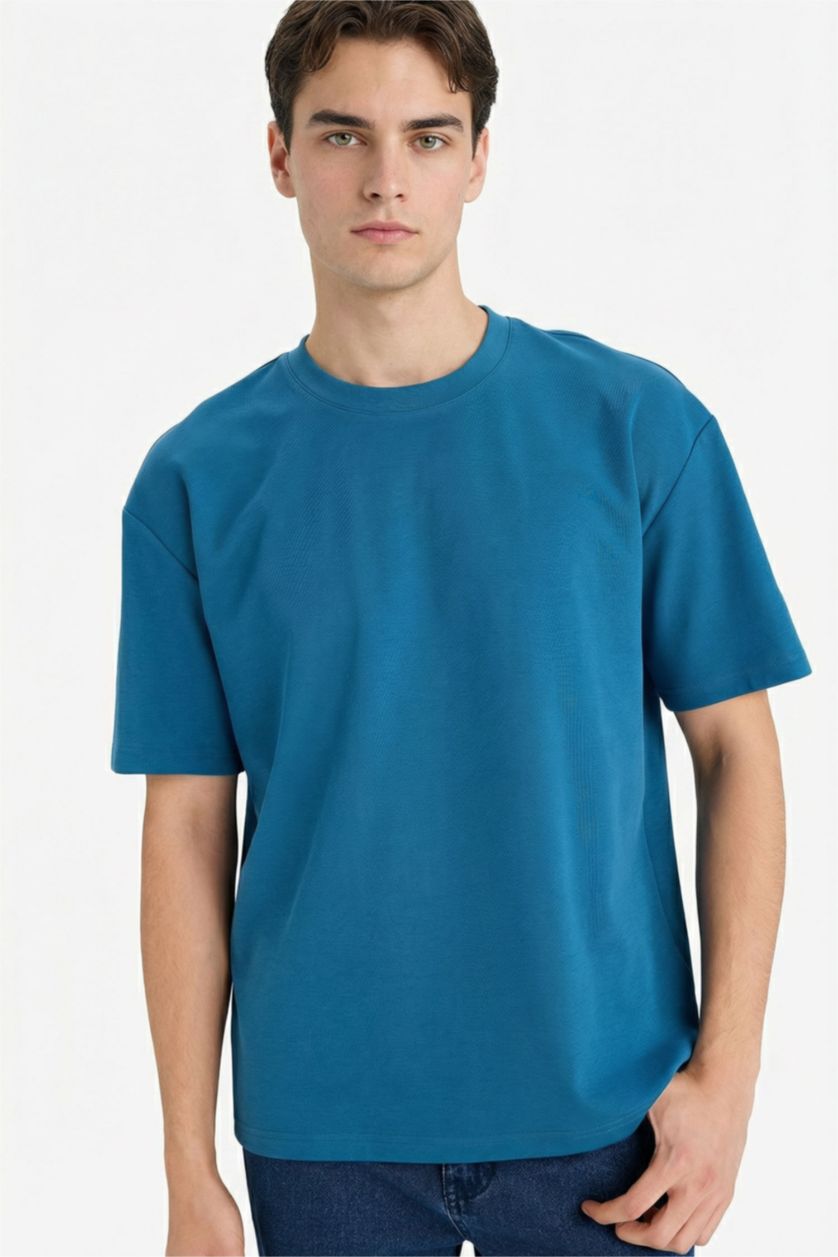 رجال نيلي تيشيرت نص كم اوفر سايز برقبة مستديرة