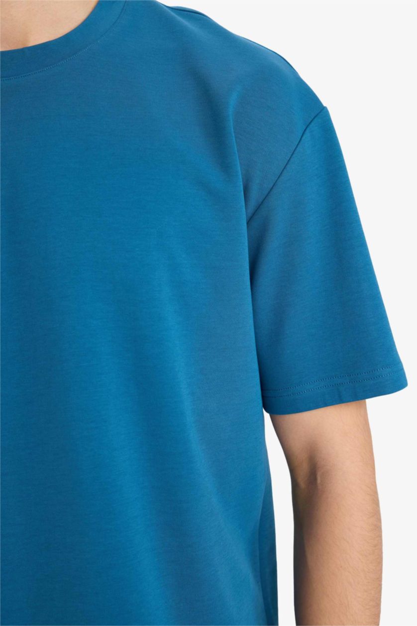 رجال نيلي تيشيرت نص كم اوفر سايز برقبة مستديرة