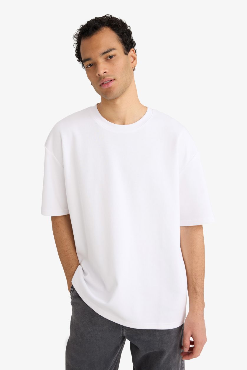 رجالي أبيض تيشيرت نص كم اوفر سايز يسمح بمرور الهواء