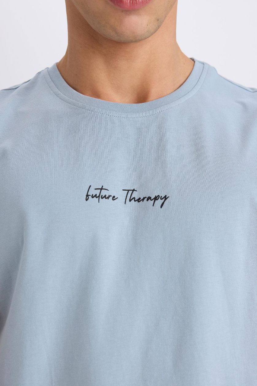 Erkek Açık Mavi %100 Pamuk Slim Fit Dar Kesim Bisiklet Yaka Baskılı Kısa Kollu Tişört