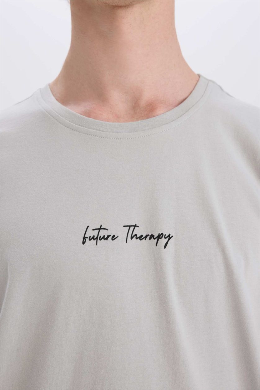 Erkek Açık Gri %100 Pamuk Slim Fit Dar Kesim Bisiklet Yaka Baskılı Kısa Kollu Tişört