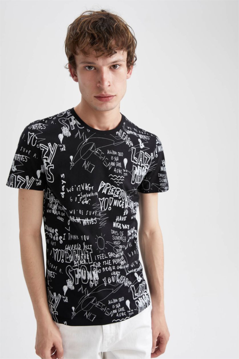 HOMME Noir T-Shirt Coupe Slim À Col Ras Du Cou
