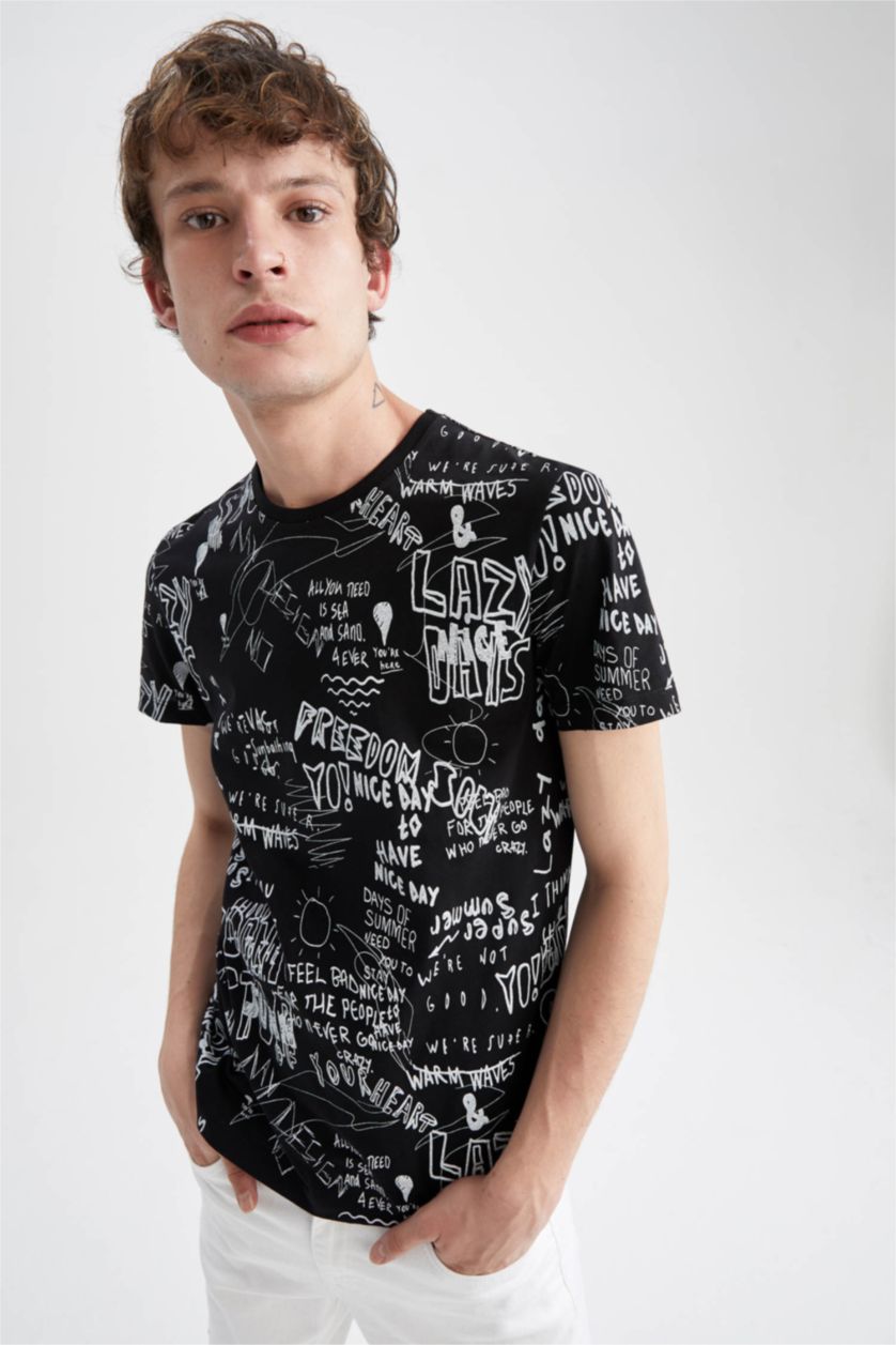 HOMME Noir T-Shirt Coupe Slim À Col Ras Du Cou