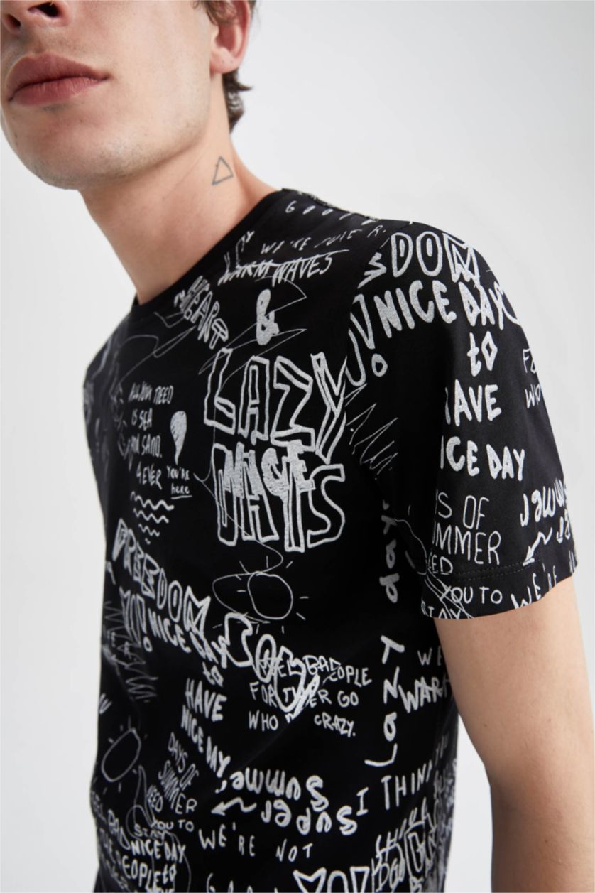 HOMME Noir T-Shirt Coupe Slim À Col Ras Du Cou