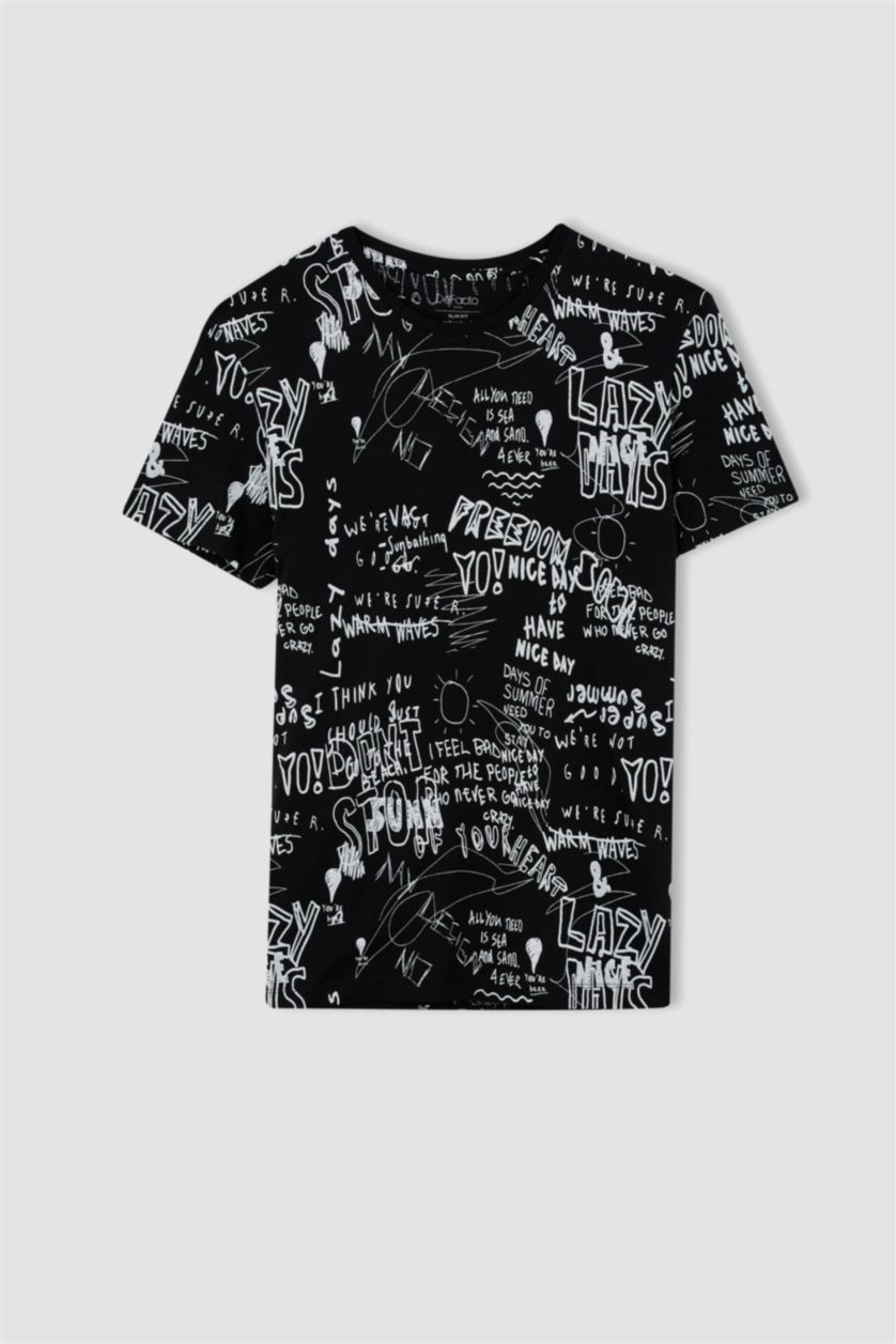 HOMME Noir T-Shirt Coupe Slim À Col Ras Du Cou