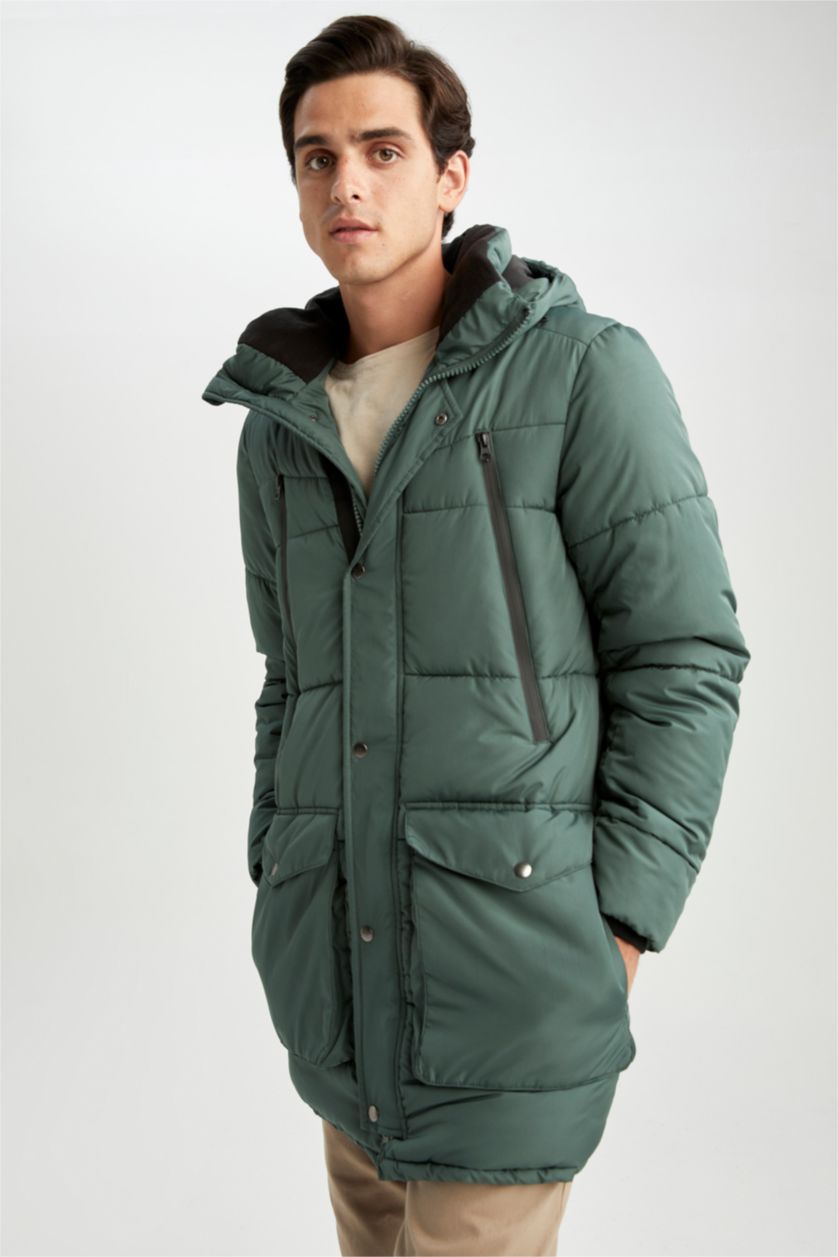 Erkek Yeşil Su Geçirmez Kapüşonlu Şişme Mont