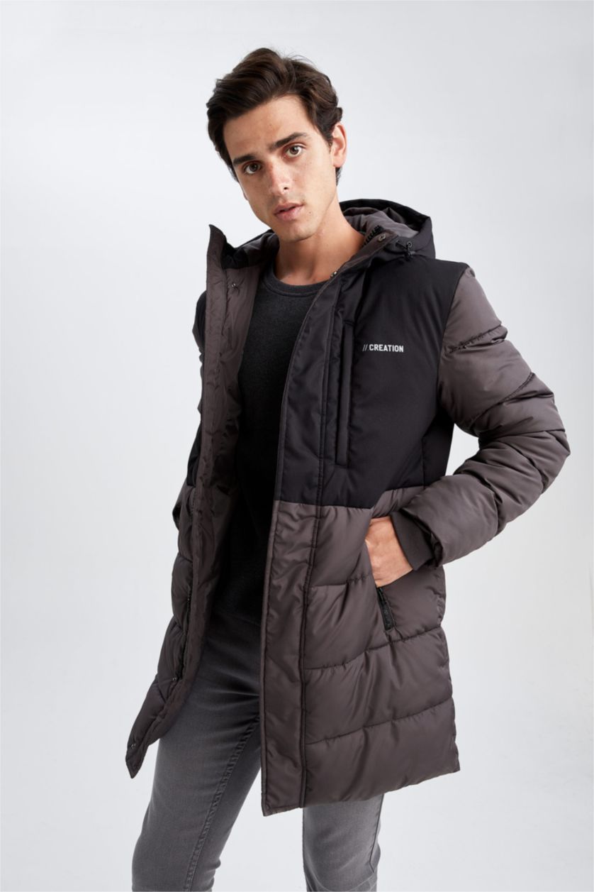 Erkek Antrasit Su Geçirmez Rüzgar Geçirmez Slim Fit Kapüşonlu Suni Kürklü Mont