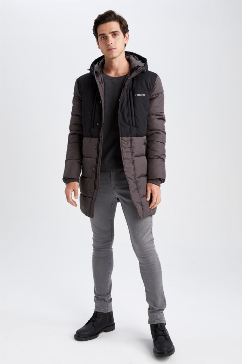Erkek Antrasit Su Geçirmez Rüzgar Geçirmez Slim Fit Kapüşonlu Suni Kürklü Mont