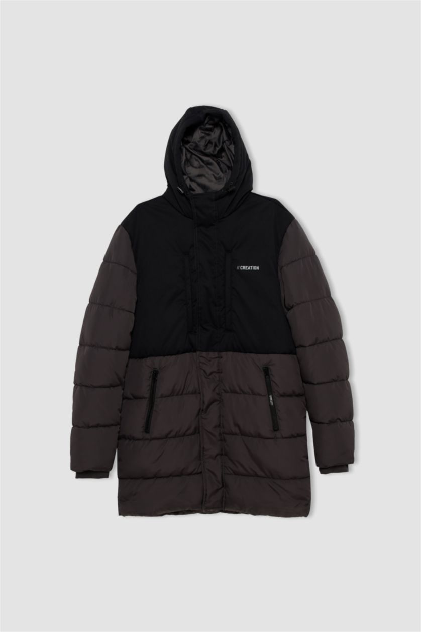 Erkek Antrasit Su Geçirmez Rüzgar Geçirmez Slim Fit Kapüşonlu Suni Kürklü Mont