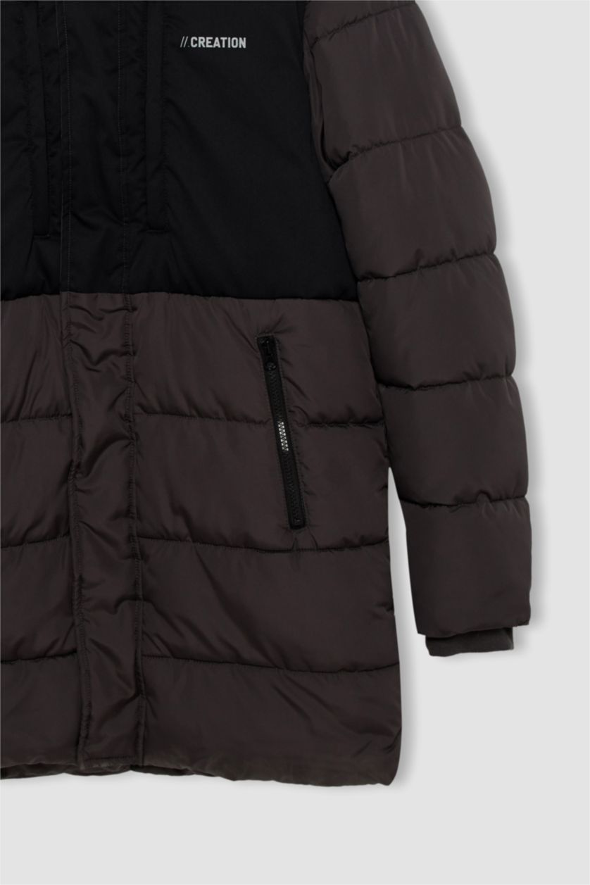 Erkek Antrasit Su Geçirmez Rüzgar Geçirmez Slim Fit Kapüşonlu Suni Kürklü Mont