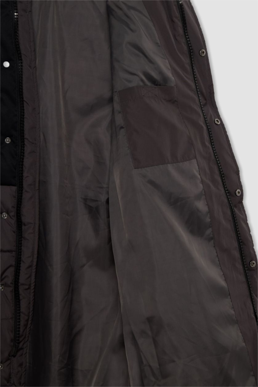 Erkek Antrasit Su Geçirmez Rüzgar Geçirmez Slim Fit Kapüşonlu Suni Kürklü Mont