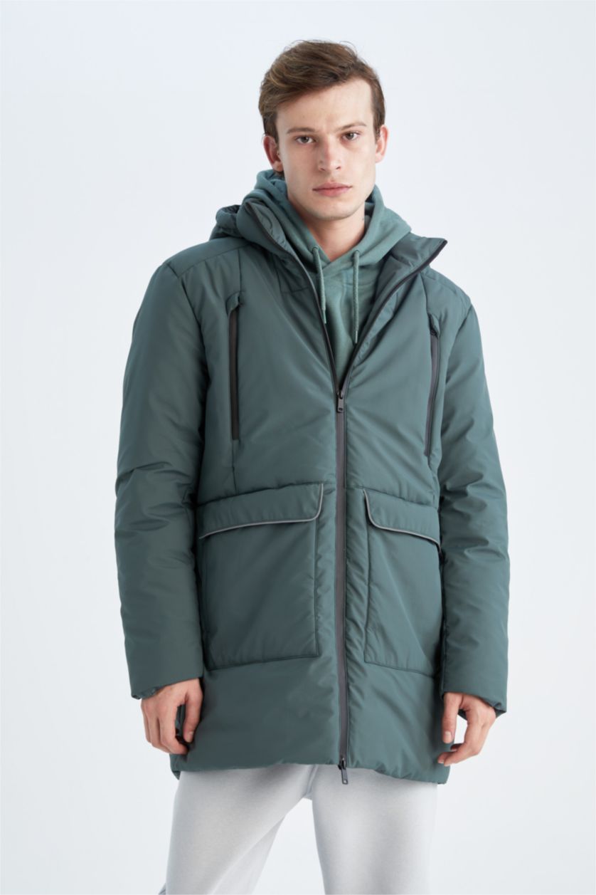 Erkek Yeşil Su Geçirmez Rüzgar Geçirmez Kapüşonlu Suni Kürklü Mont