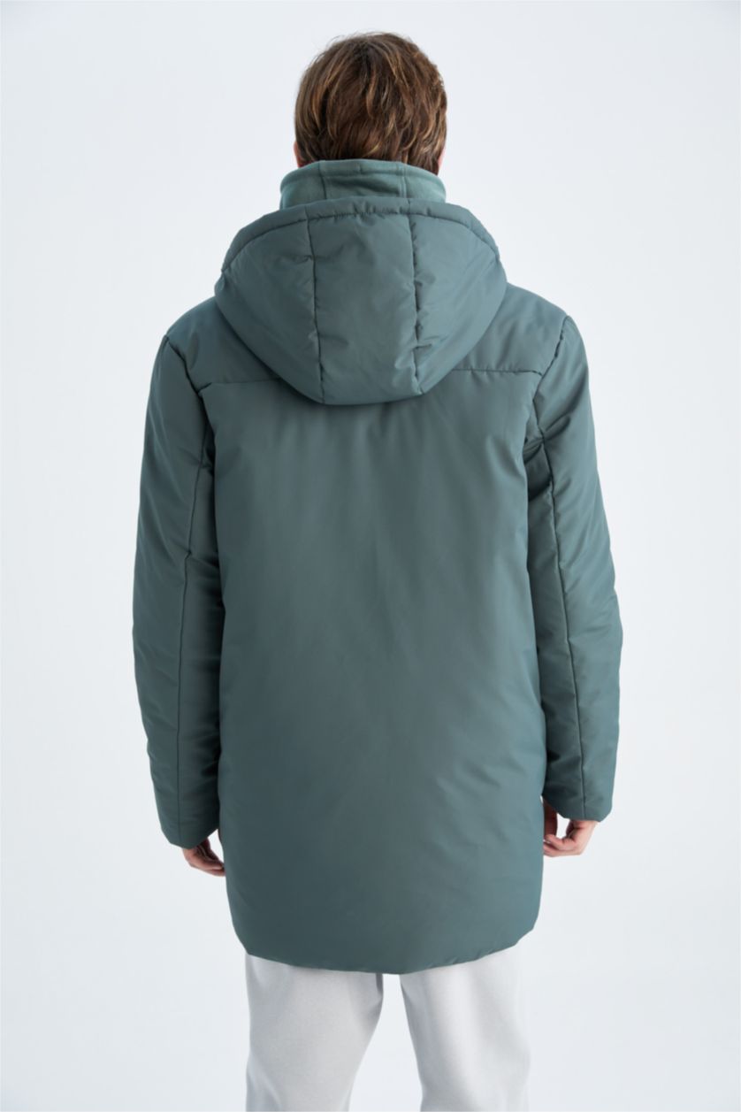 Erkek Yeşil Su Geçirmez Rüzgar Geçirmez Kapüşonlu Suni Kürklü Mont