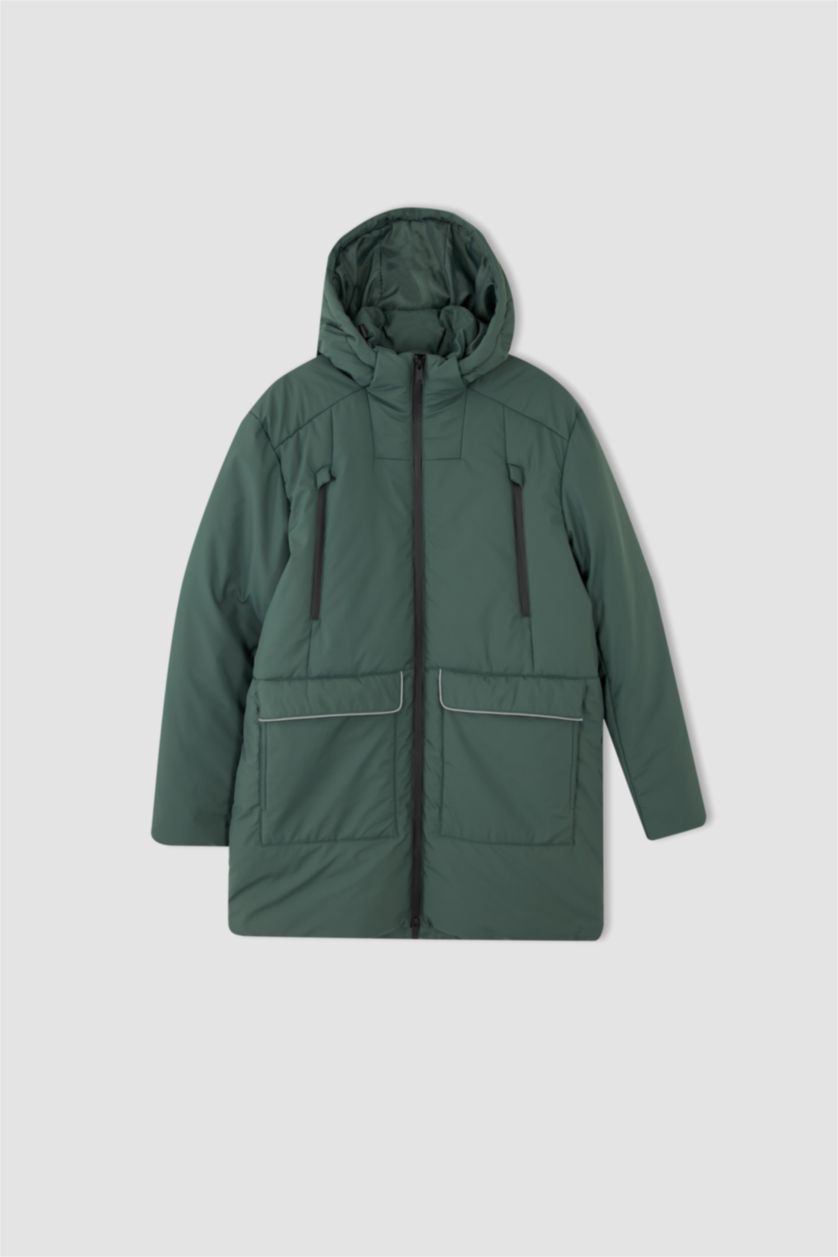 Erkek Yeşil Su Geçirmez Rüzgar Geçirmez Kapüşonlu Suni Kürklü Mont