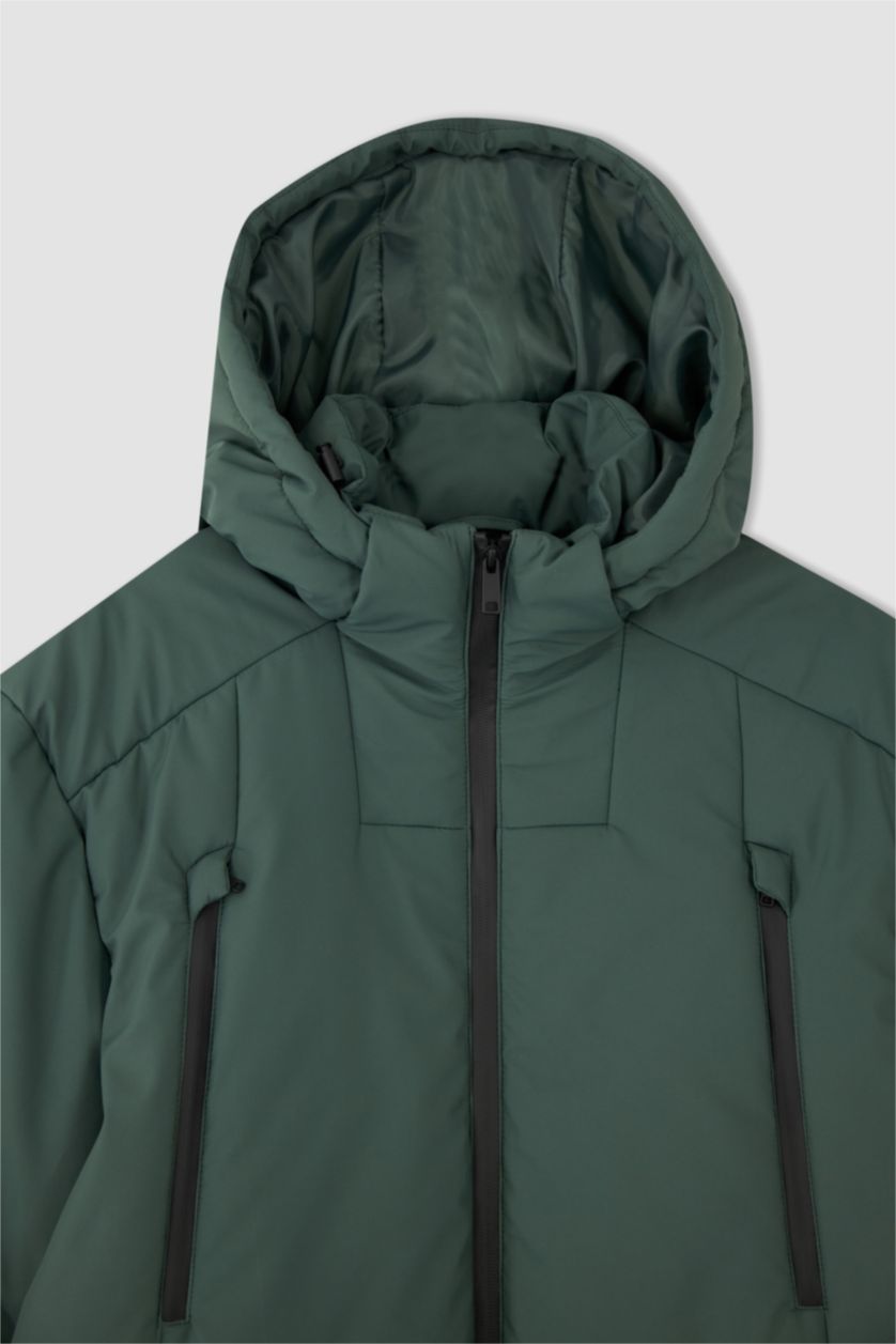 Erkek Yeşil Su Geçirmez Rüzgar Geçirmez Kapüşonlu Suni Kürklü Mont