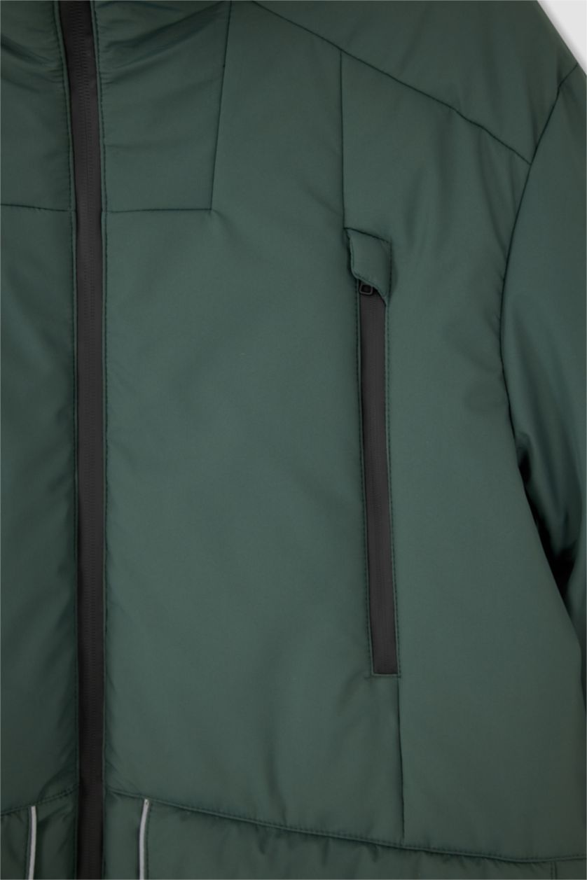 Erkek Yeşil Su Geçirmez Rüzgar Geçirmez Kapüşonlu Suni Kürklü Mont