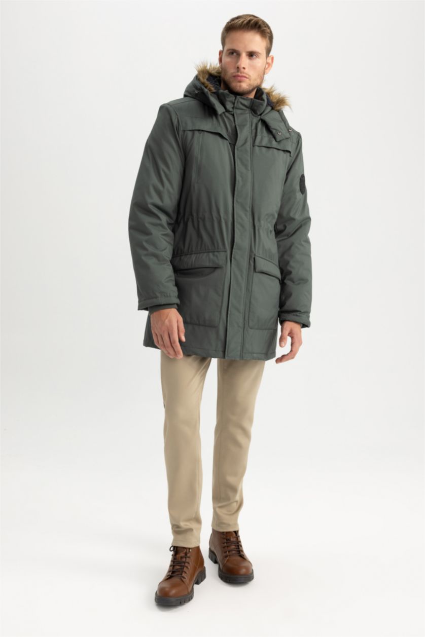 Мужчины Темный хаки Парка водоотталкивающая с капюшоном